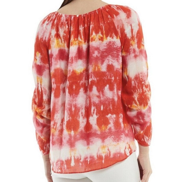 Calvin Klein Cinched Sleeve Chiffon Tie Dye Top Ginger Combo Sz L - Picture 2 of 11